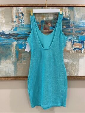 NWT turquoise low back blue mini dress scrunch Macys XS scuba Mediterranean